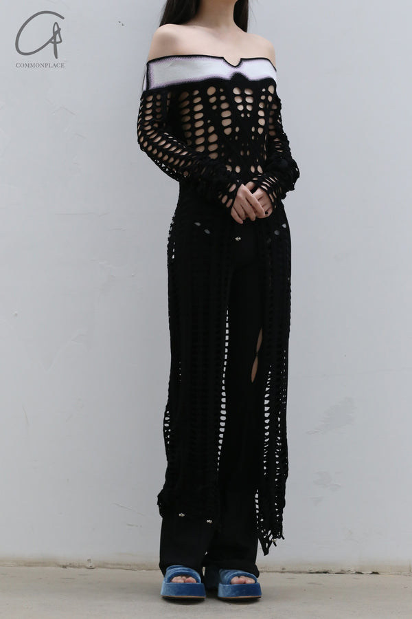 NAN KNITS drawing rope holy -eye collar dress (with inner) 22051709 black